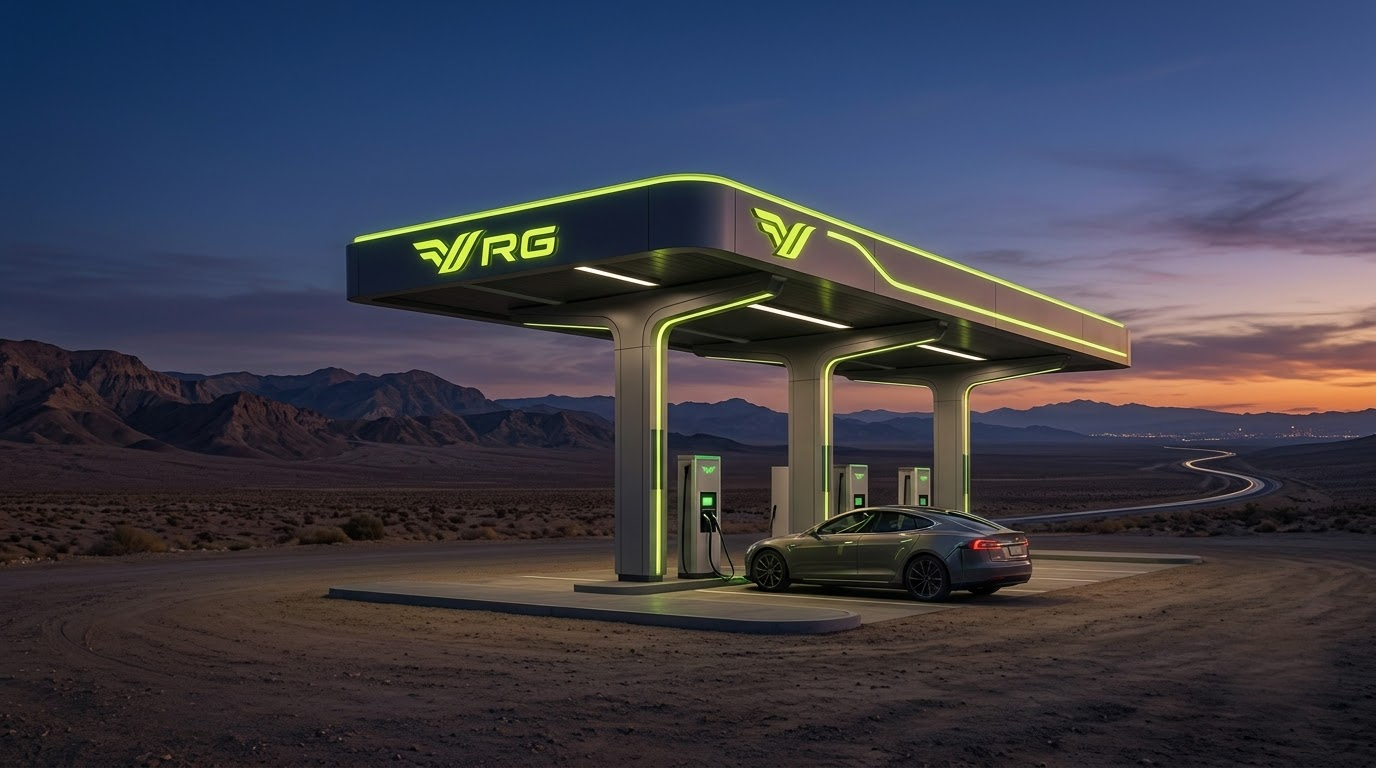 A VRG EV charging canopy glowing in the desert at dusk
