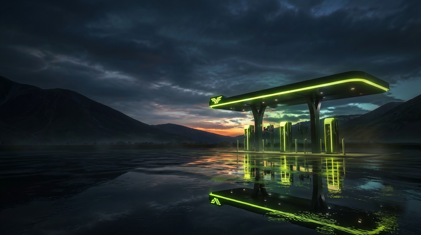 A VRG EV charging canopy mirrored in still water at dusk