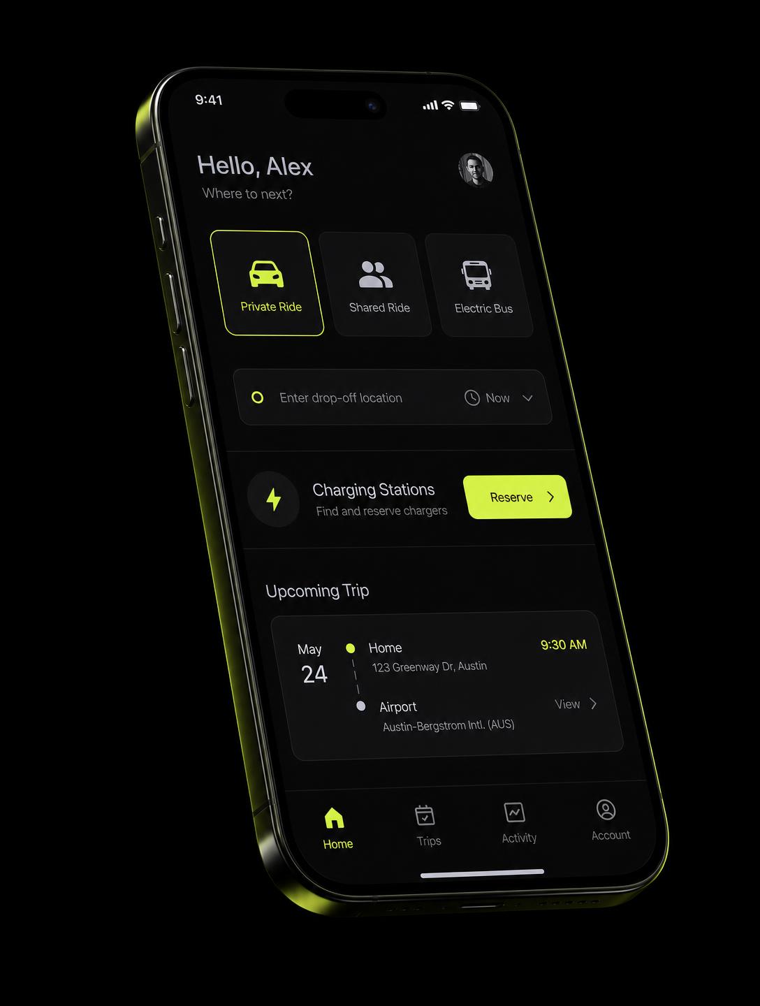 The VRG EV app home screen showing private ride, shared ride and electric bus options with charging station reservation