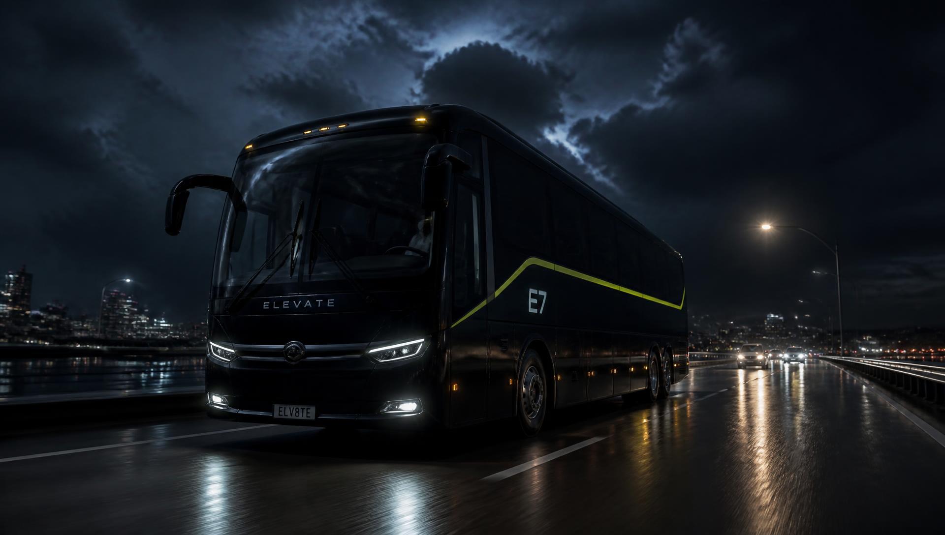 An electric intercity coach on a wet highway under a night sky