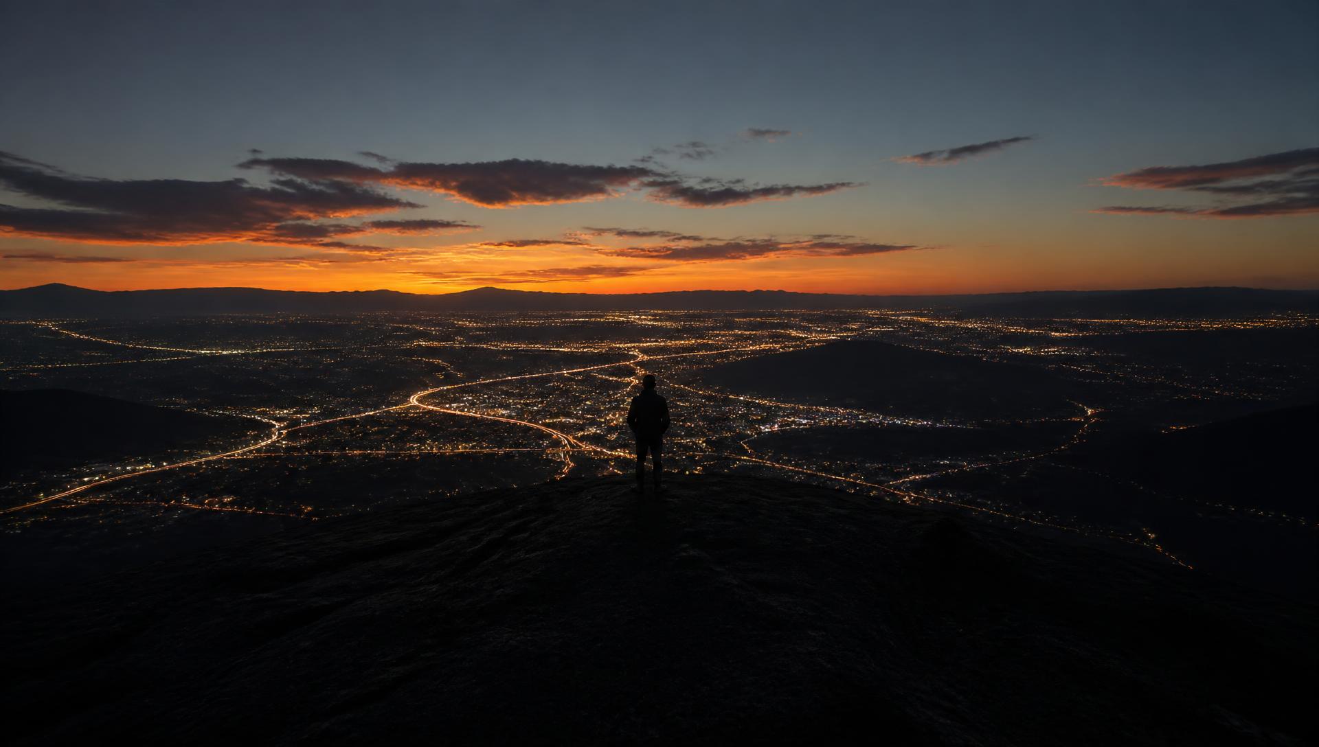 A traveller on a ridge above a valley of glowing intercity roads at dusk
