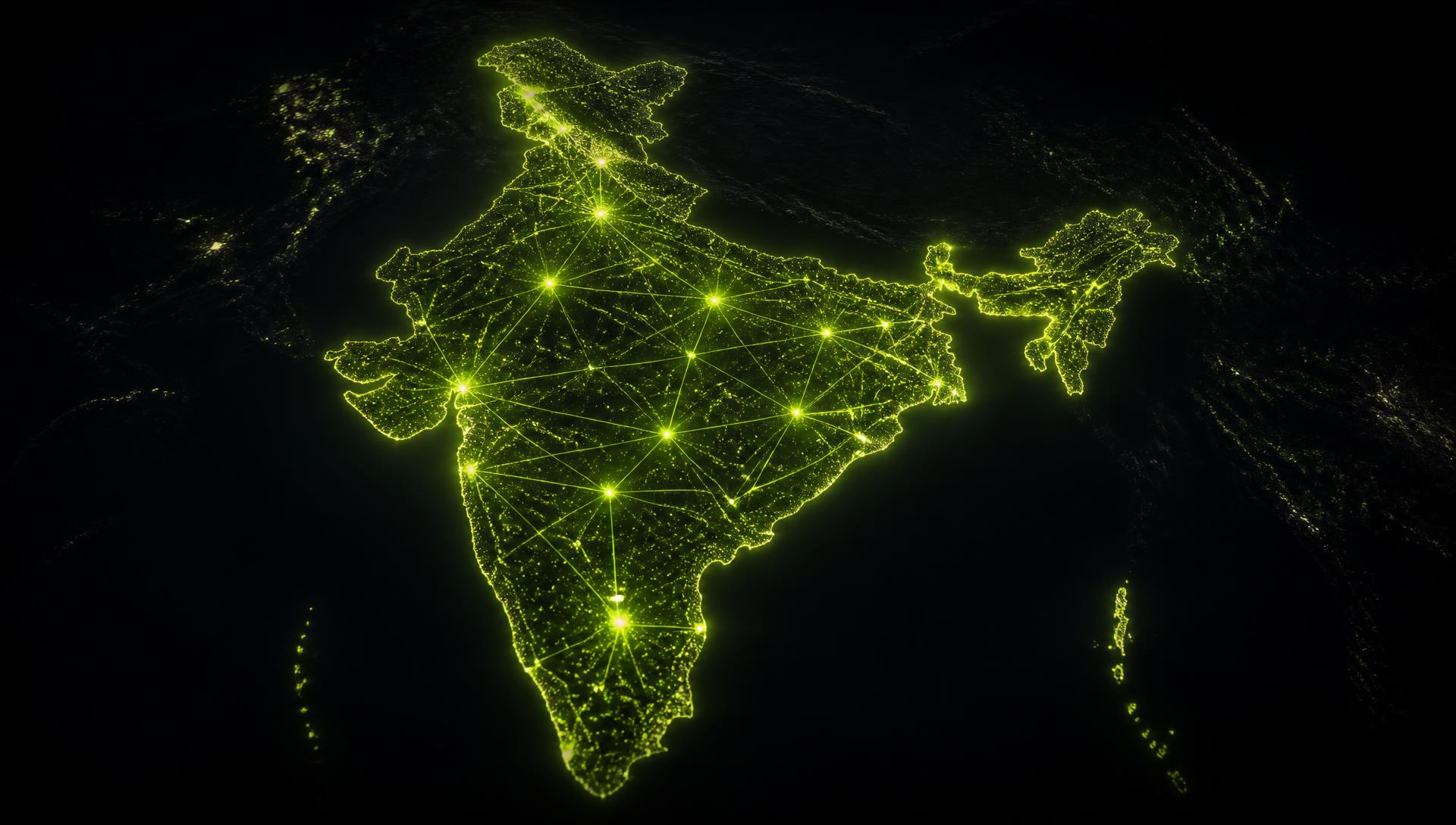 Map of India lit in lime with intercity corridors linking charging nodes