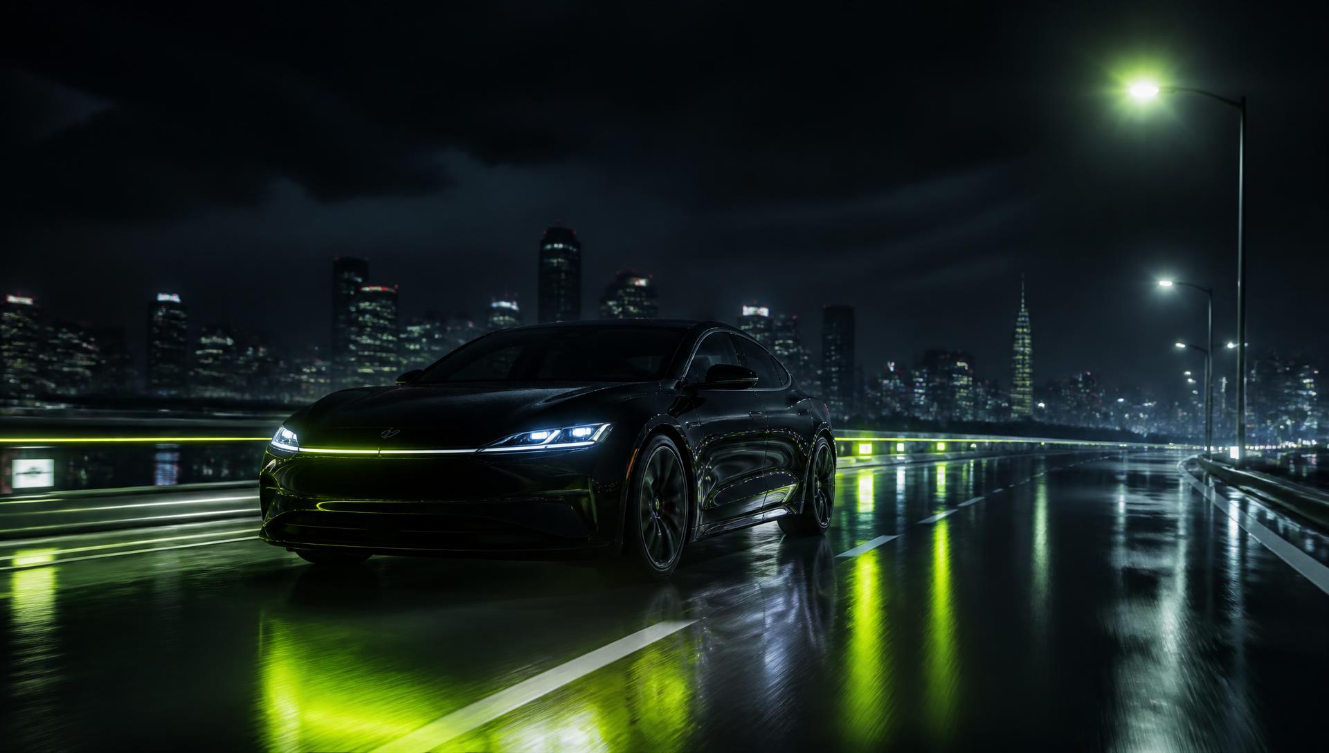 A black electric sedan on a wet city highway at night, lime light trails on the road